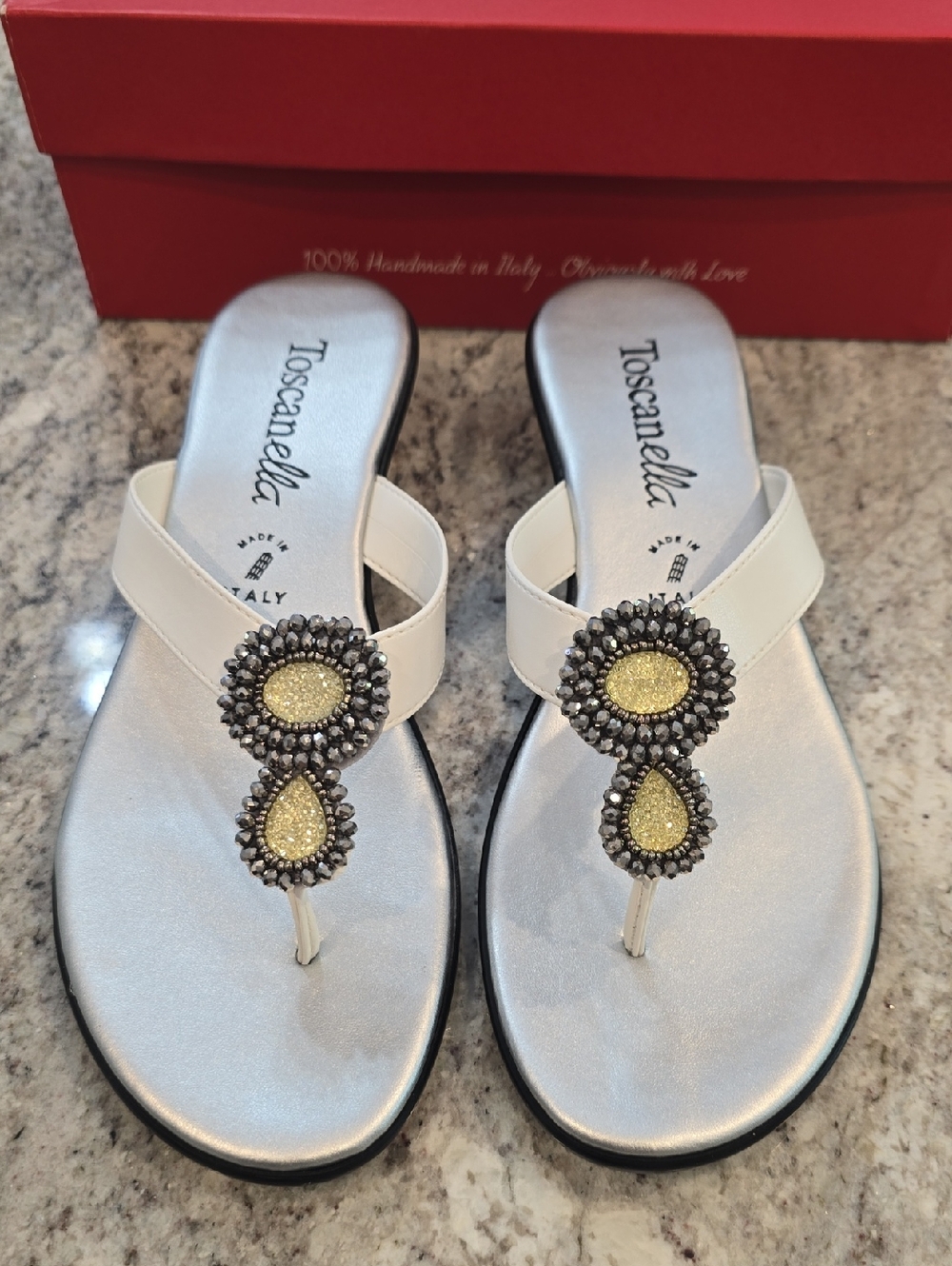Toscanella White Crystal-Accent Thong Sandals